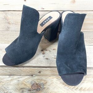 DKNY Black Suede Women's (6.5) Block Heels 4” Leather Slip On Peep Mules Shoes